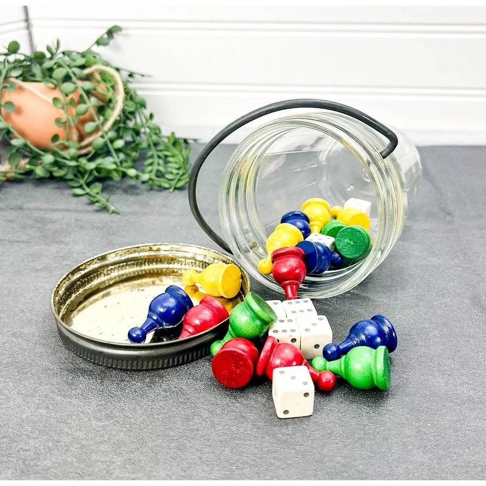 Vintage‎ Board Game Pieces in Mason Jar: Trinket Shelf Decor